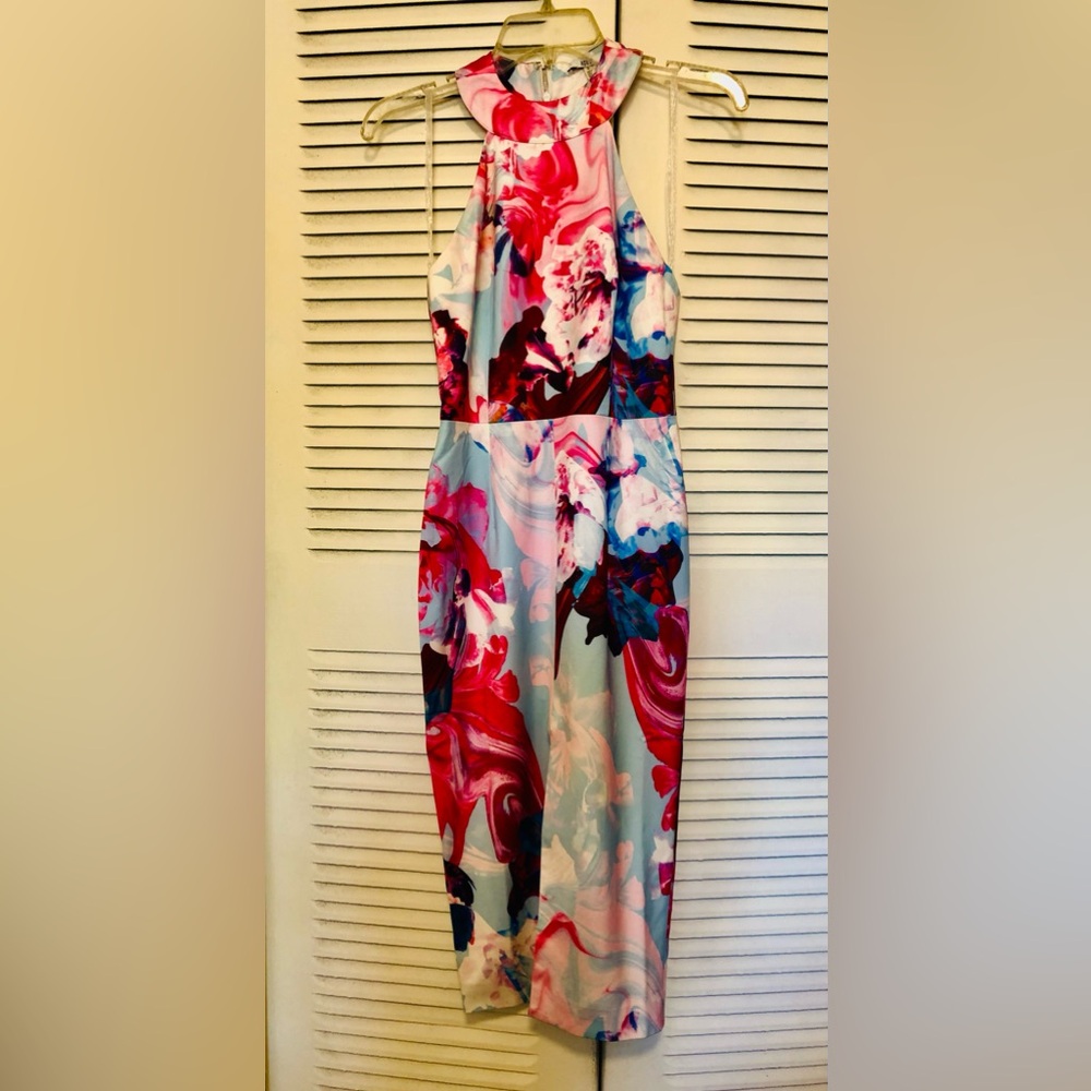 Asilio satin flower multi color sleeveless dress, front slit New, size 4!